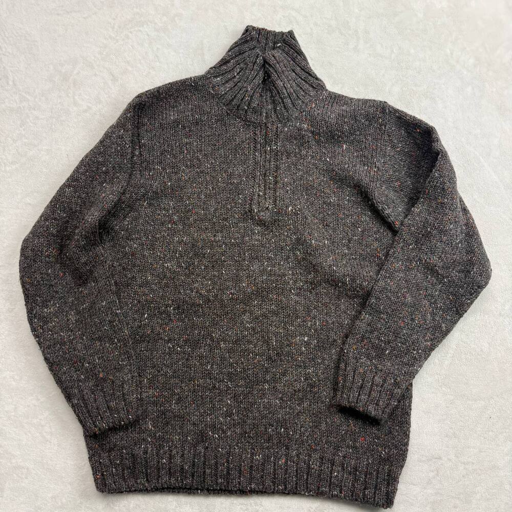Mock Neck Quarter Zip Men's Sweater Grey Size L Speckled Wool Blend Pullover